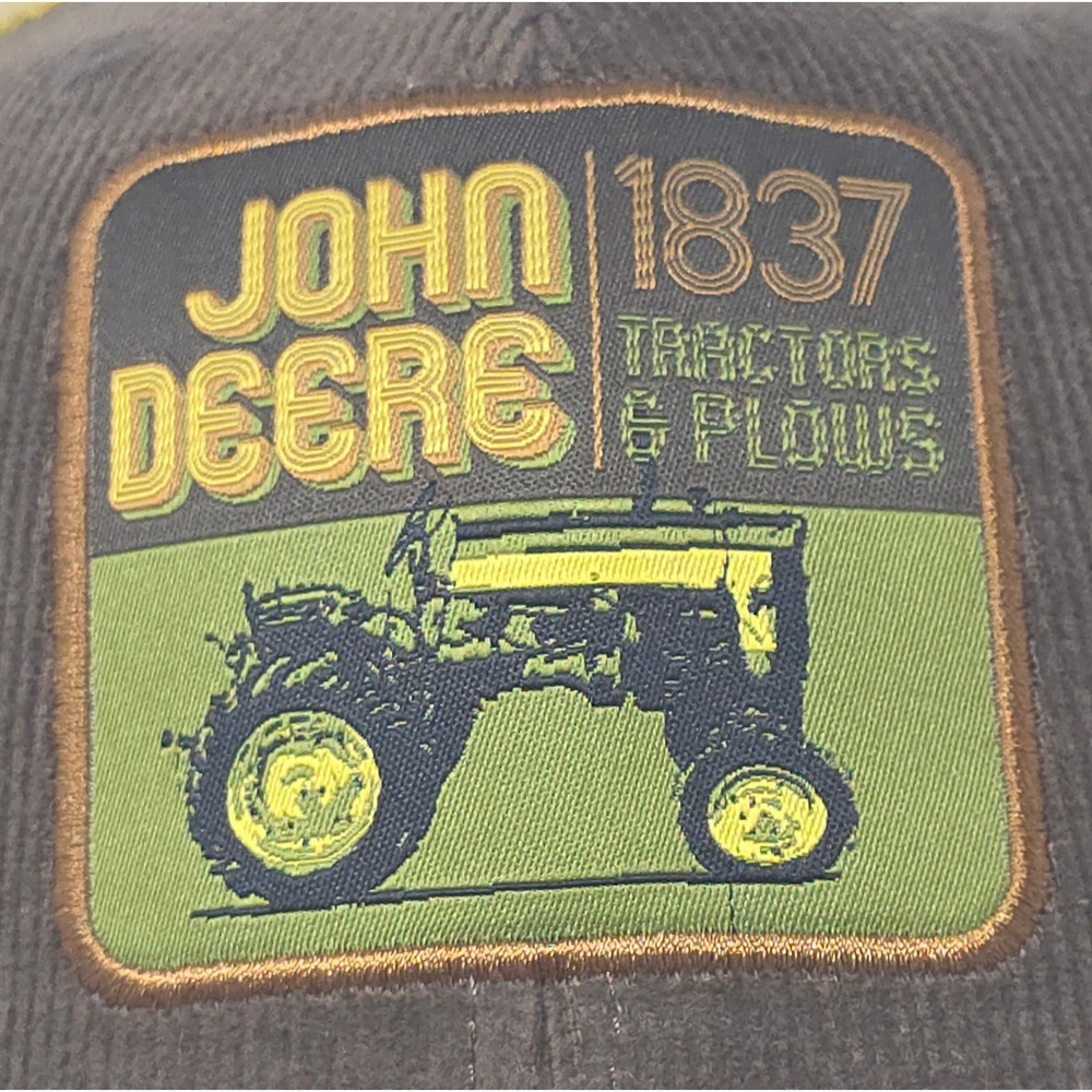 John Deere Trucker Hat Brown Corduroy Yellow Mesh Patch Snapback Cap NWT - Picture 2 of 10